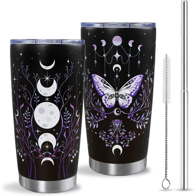Vaso gótico de mariposa con tapa y pajita, diseño de bruja con fases lunares, botella de agua, taza de café, taza de viaje de acero inoxidable con aislamiento al vacío, vasos de 590 ml, color negro y