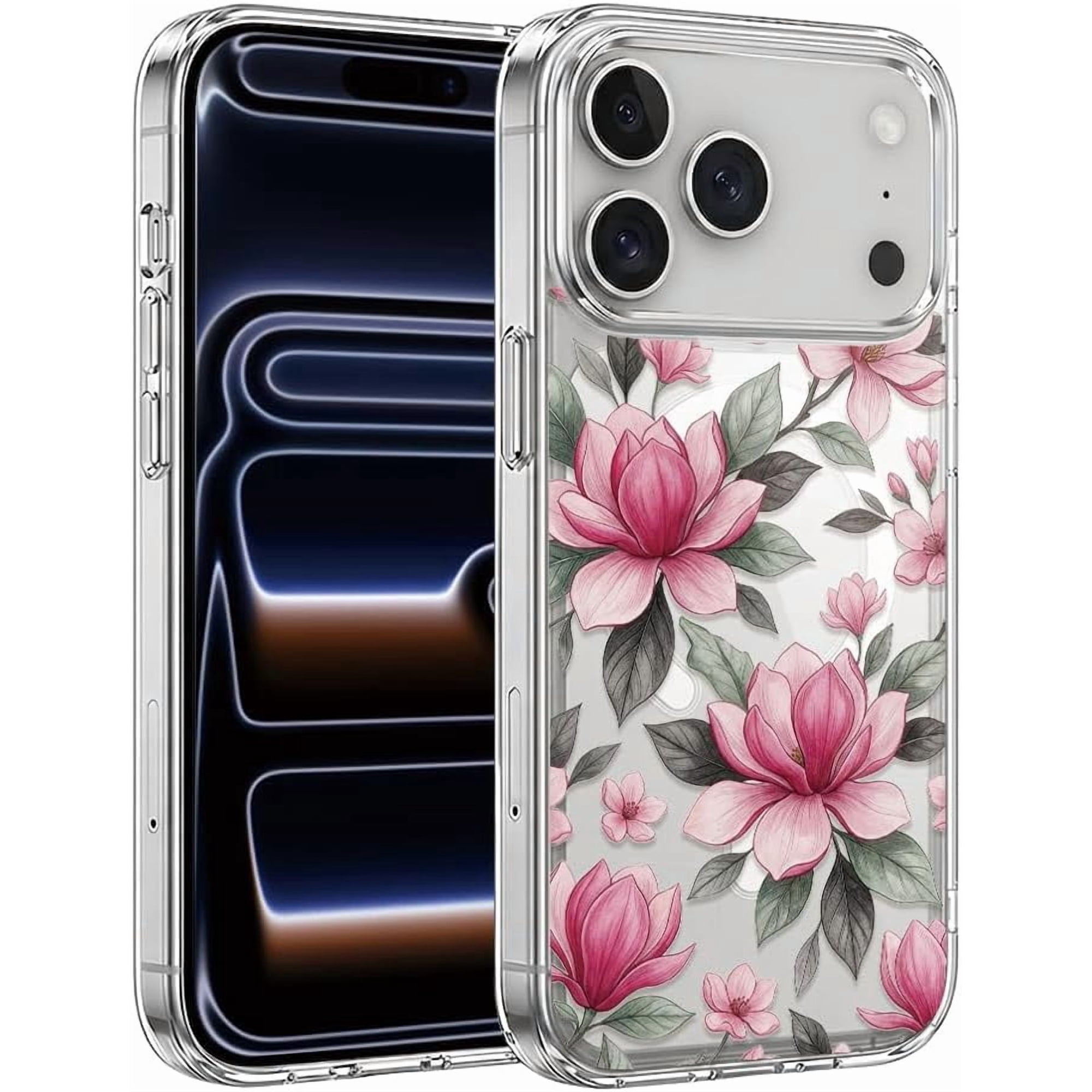 Compatible with iPhone 13 Pro Case Magnetic Clear Aesthetic Floral Phone Case Slim Thin Soft Protective Cover Pink Magnolia Flower Vintage Botanical Bloom Garden Leaf Graphic Shell for Women Girls