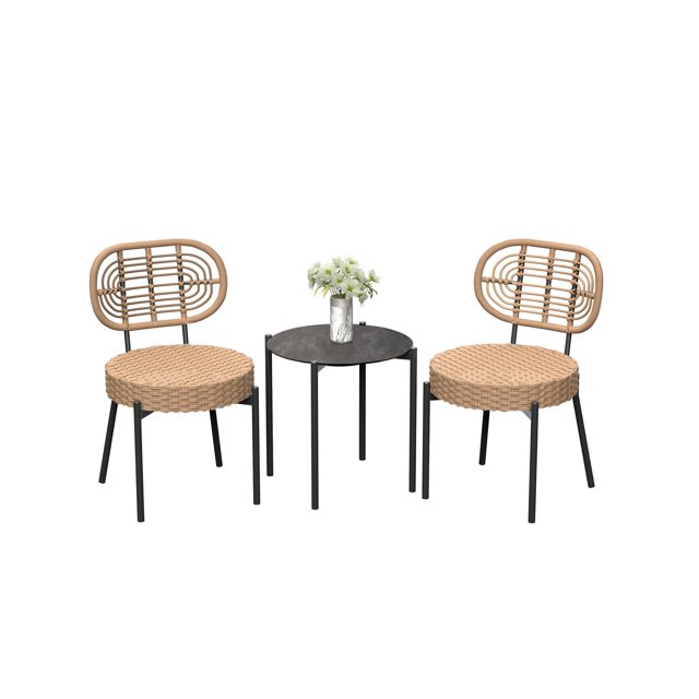 3-Piece All-Weather Wicker Bistro Set,2 Rattan Chairs + Tempered-Glass Table, Compact Outdoor Dining Furniture for Garden, Backyard, Balcony & Apartment