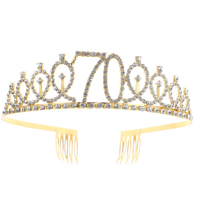 1PC 70th Birthday Crown Hollow Alloy Rhinestone Inlay Headband Hair Clasp with Comb for Party (Golden)