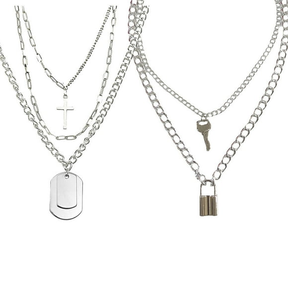 2 piezas de collar retro en forma de cruz, colgante decorativo con forma de cerradura, joyería (plata)