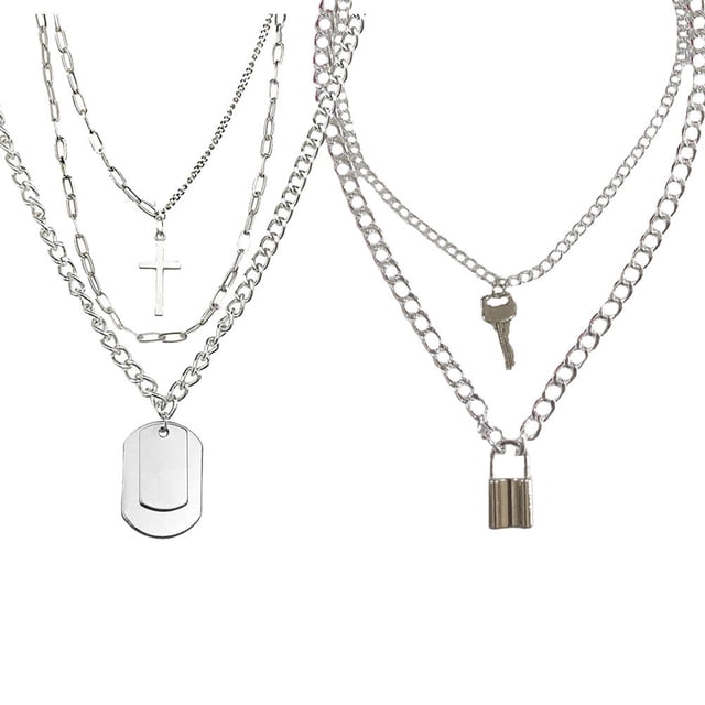 2 piezas de collar retro en forma de cruz, colgante decorativo con forma de cerradura, joyería (plata)