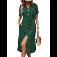 thumbnail image 3 of Vestido Informal de Verano para Mujer, de Color Liso, con Mangas , Botones y Cuello en V, con Bolsillos. Verde Tinta L, 3 of 10