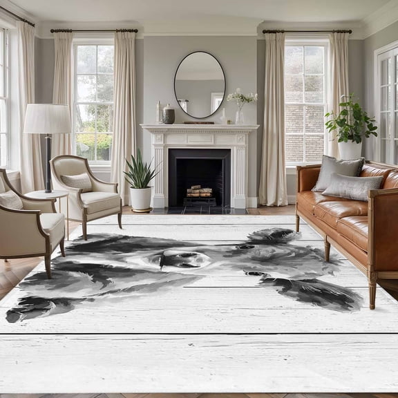 Vintage Grey Cow Area Rugs 8'x10', Washable Small Throw Rugs for Living Room Patio, Wooden Retro Art Animals Indoor Outdoor Rug Non-Slip Low Pile Carpet Runner Reversible Floor Mats