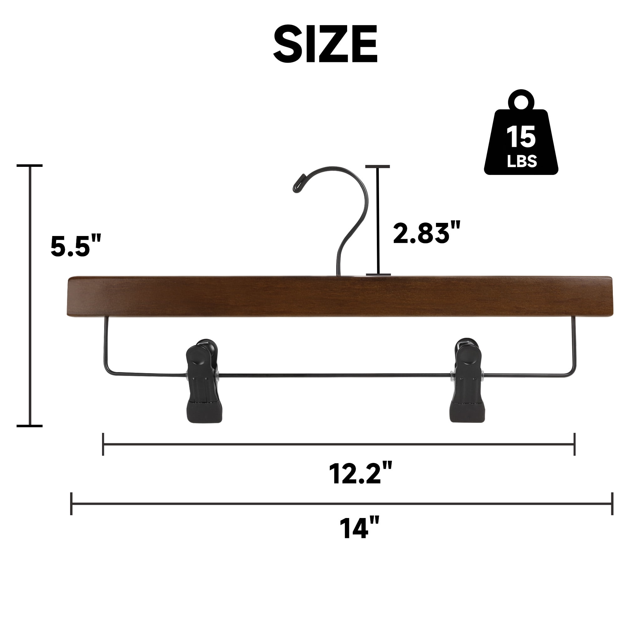 BP4U 12-Pack Premium Wooden Adjustable Pants Hangers, Heavy Duty Solid Wood Bottom Skirt/Trousers Hangers with 360° Swivel Hook & Wrinkle-Free Design(Walnut)