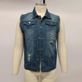 thumbnail image 5 of Denim Vest Top For Men Distressed Frayed Sleeveless Ripped Jean Jacket Stand Collar Motorcycle Button Up Cropped Waistcoat, 5 of 8