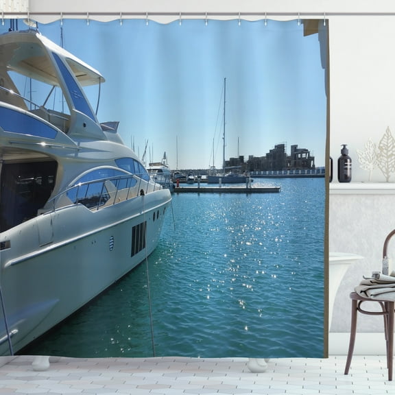 Cyprus Shower Curtain, Image of Modern Yacht at Anchor in Limassol Marina Under Sunny Cloudless Sky, Fabric Bathroom Set with Hooks, 69W X 75L Inches Long, Multicolor, by Ambesonne