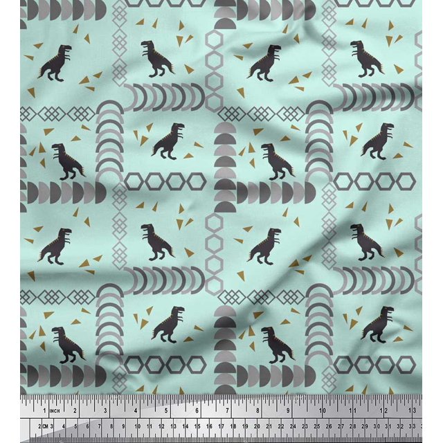 Soimoi Moss Georgette Fabric Geometric Shapes & Dinosaur Animal Print Fabric by Yard 42 Inch Wide