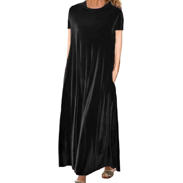 adviicd Robes de Plage pour Femmes Robe d'Été Décontractée à Manches Courtes Col Rond Robe Longue Fluide de Plage Noire, TG