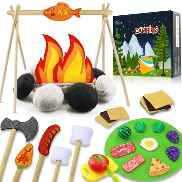 45 PCS Pretend Play Campfire Toy for Kids, Toddler Camping Toys Play Set Felt Campfire Playset with Pretend Cutting Fruits, Plush Fake Fire for Boys Girls Age 3 4 5 6 7