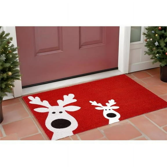 HomeRoots 555286 17 x 29 in. Red & White Coir Reindeer Outdoor Christmas Door Mat