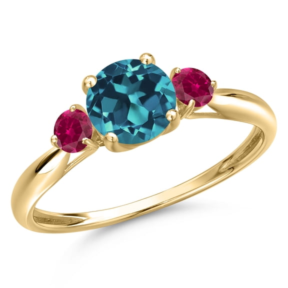 Gem Stone King 10K Yellow Gold London Blue Topaz and Red Created Ruby 3-Stone Ring for Women | 1.38 Cttw | Round 6MM | Gemstone November Birthstone | Size 7