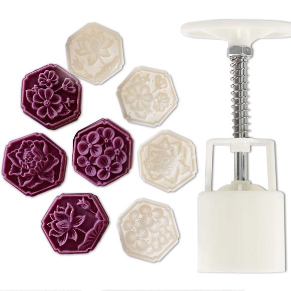 Chinese flower moon cake press mold, hand pressed mooncake dessert DIY, moon cake puff pastry 1 mold with 4 stamps for various holidays, parties (4*hexagonal flower)