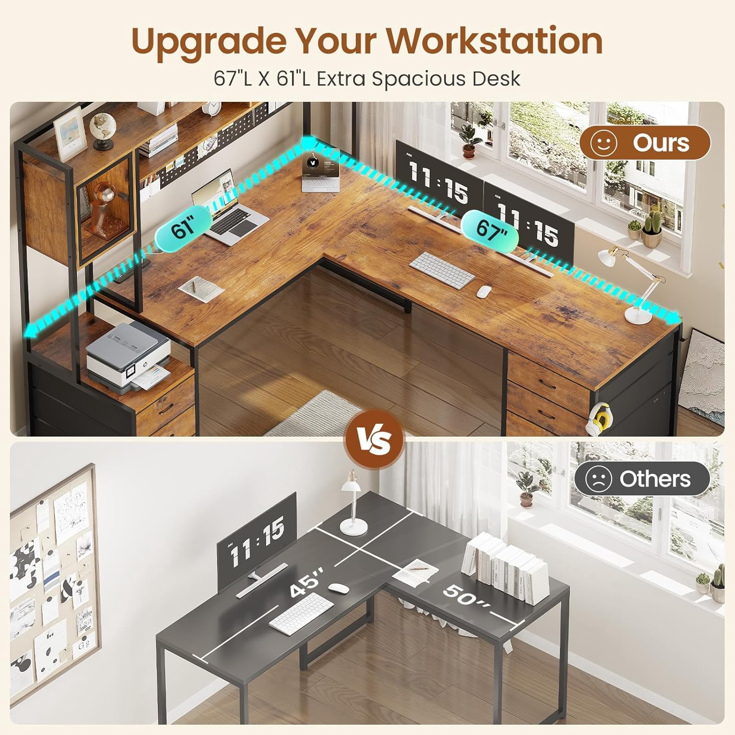 SEDETA L Shaped Desk with Drawers, 2 Person Desk with Hutch & Power Outlets, Home Office Desk with File Drawer & Glass Cabinet, Gaming Desk with LED Lights & Pegboard, Rustic Brown