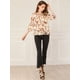 thumbnail image 4 of Allegra K Blusa floral de manga 3/4 con volantes y cuello en V informal para mujer Beige M, 4 of 6