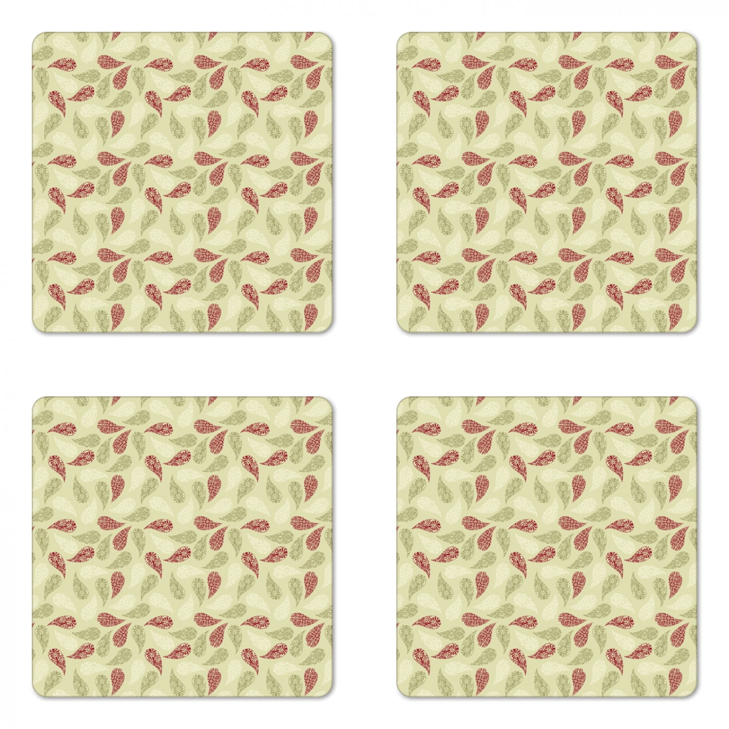 Paisley Coaster Set Of 4 Modern Design With Floral Like Patterns On The Leaf Like Shapes Print Square Hardboard Gloss Coasters Standard Size Red And Pale Green By Ambesonne Walmart Com