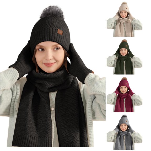 HNMKIU Wool Knitted Warm Hat Scarf Three Piece Winter Windproof Plus Velvet Set for Outdoor Sports Black - One Size