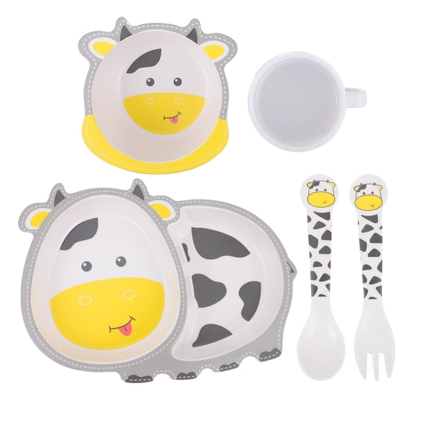 5pcs Kids Laboration Bamboo Fibra de bambú Placa de alimentos placa de alimentos tazón taza cuchara cuchara fijada