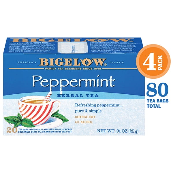 Bigelow Peppermint Herbal Tea, Tea Bags, 20 Ct (4 Boxes)
