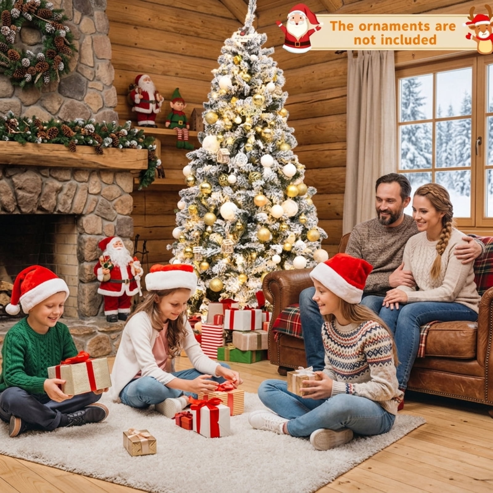 RUIE, 6 ft, Artificial Christmas Tree, with 250 LED Lights, 600 Branch Tips, Snow Flocked Holiday Xmas Tree for Indoor Home Office Decoration