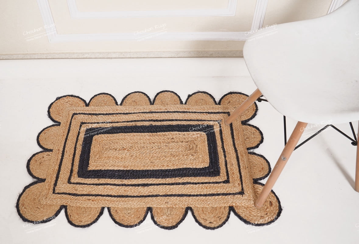 Rectangle Scalloped Jute Rug Beige And Navy Blue Color Area Rug Bohemian Jute Rug