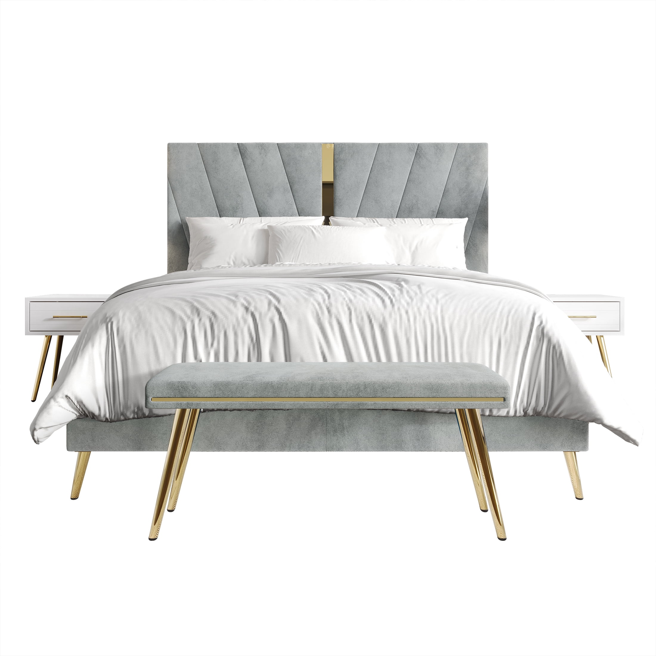 Castle Place Contemporary Velvet Queen Upholstered Bed with 2 Nightstand and Bench, Silver Grey