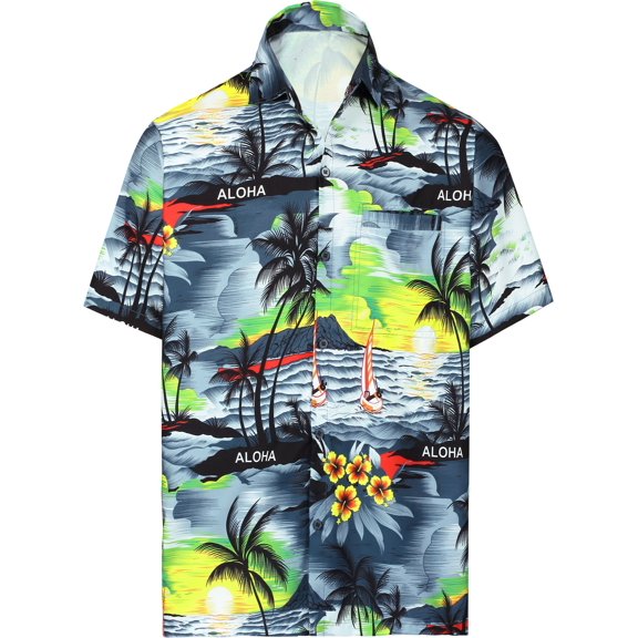 HAPPY BAY Men's Hawaiian Shirt Funny Beach Shirts Casual Button Down Short Sleeve Shirts for Men 4XL Aloha, Grey Summer