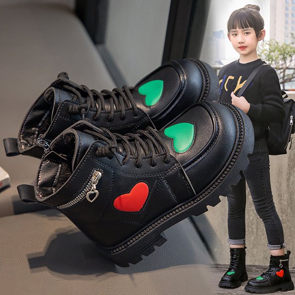 ZHOGXU Big Girls Boots Flat Sole Soft Sole Non Slip Love Heart Print Lace Up Zipper Comfortable Fashion Shoes For Casual Daily Wear Black 4-4.5 Years