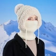 thumbnail image 6 of Women’s Knitted Beanie Hat with Face Cover - 3 in 1 Winter Balaclava with Mask Scarf Ear Muffs Pompom Fleece Lined Snow Caps Winter Gifts for Women Beige, 6 of 7