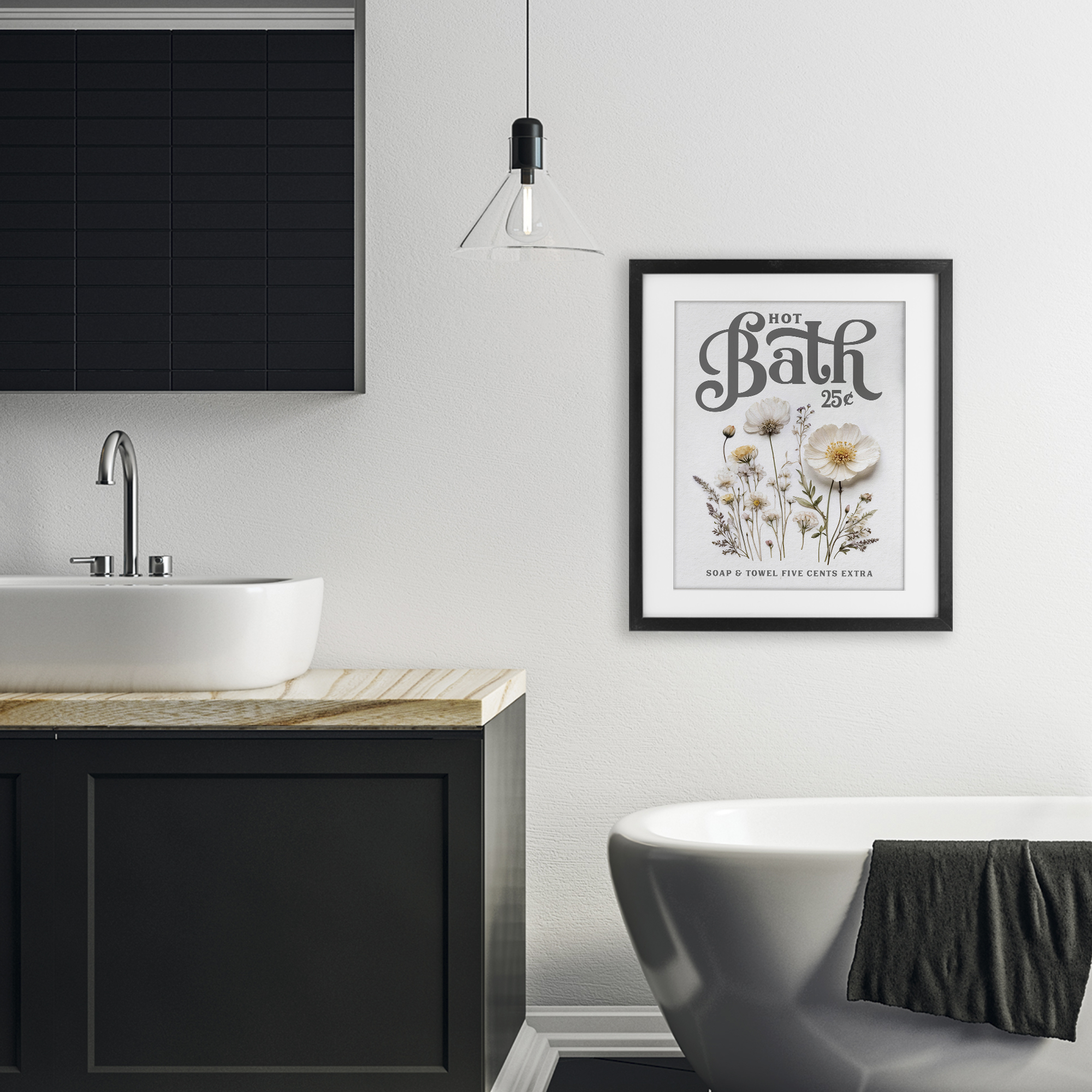 Pressed Flowers Hot Bath Black Framed Print Under Glass, design by Lettered and Lined