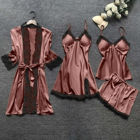 Women s Silk Satin Pajamas Set 4Pcs oversize Lace Cami Dress Sleepwear Nightdress Pajamas Set With Robe Brown XXXL