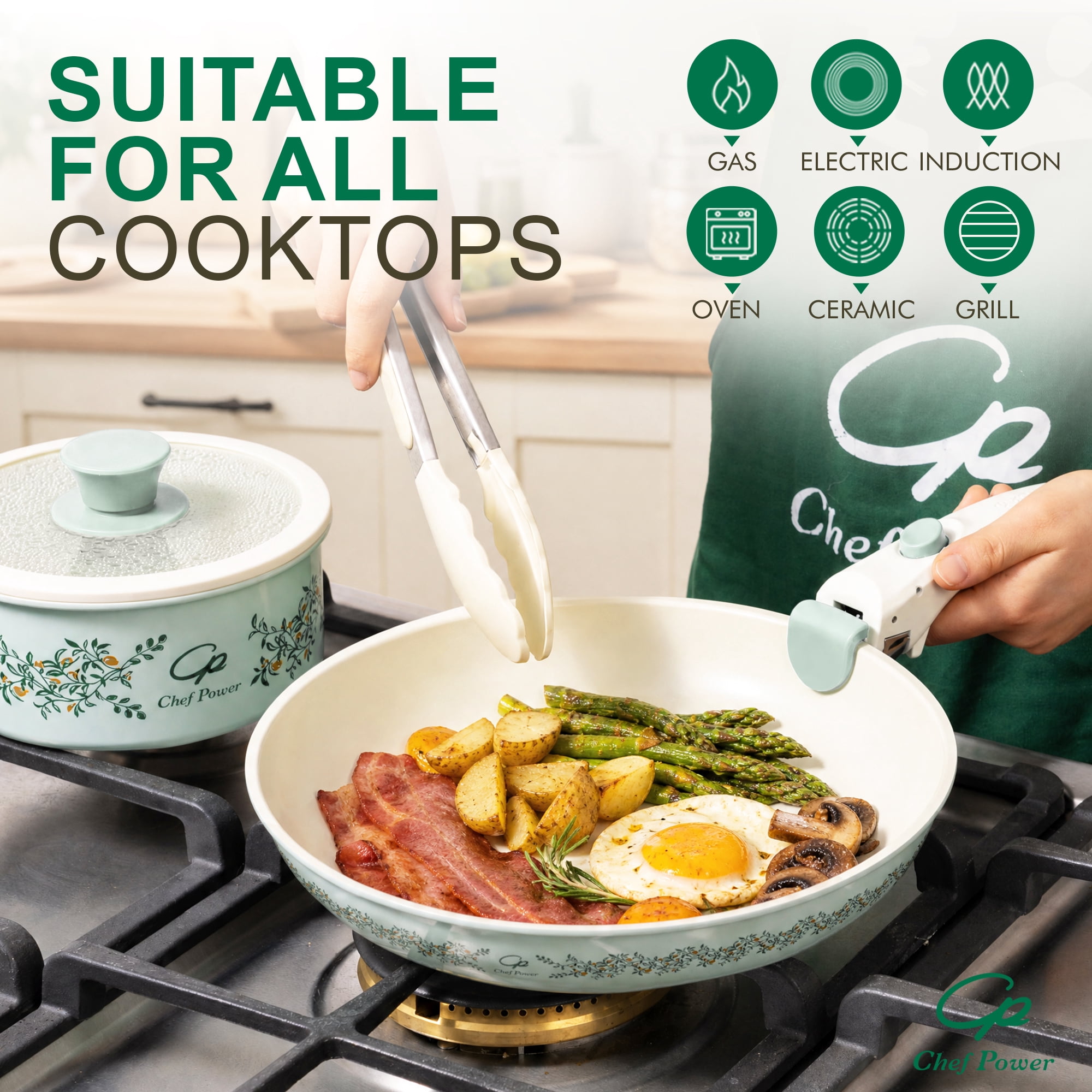 Chef Power 14pcs Nonstick Ceramic Cookware Set, Aquamarine Olive Branch Decals