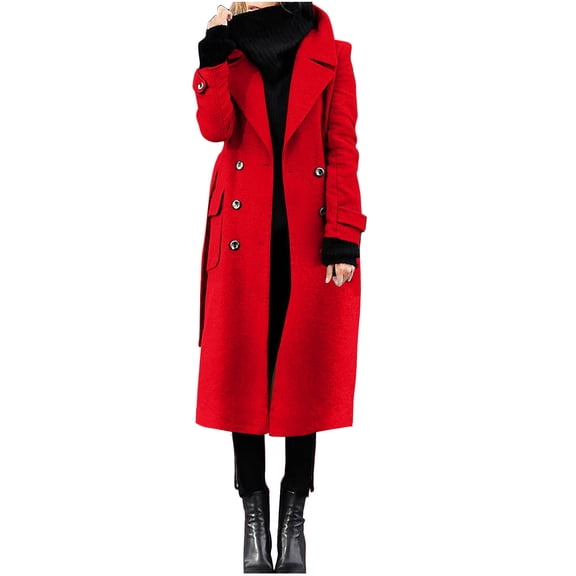 Zpanxa Long Winter Coats for Women Double Breasted Belted Lapel Wool Blend Casual Coat with Pockets Red M