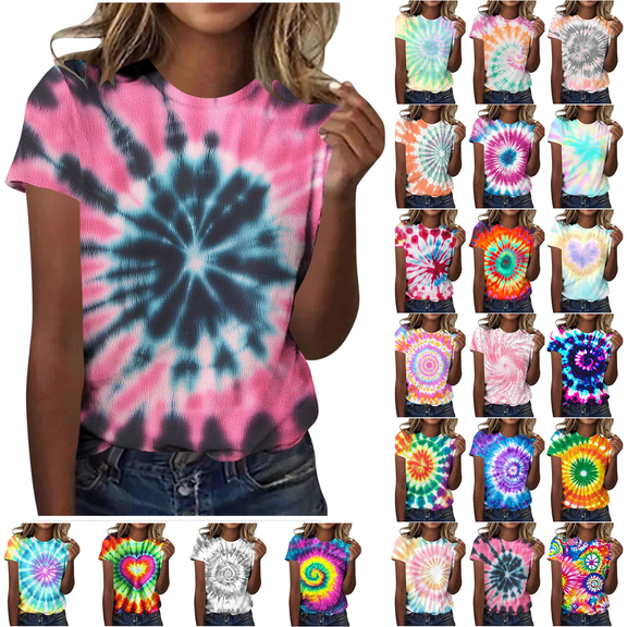 Yourumao Women's Tie Dye Shirts Hippies Senior Short Sleeve Tops Vintage Loose Casual Blouses Crew Neck Graphic Tees Summer Outgoing Tshirts