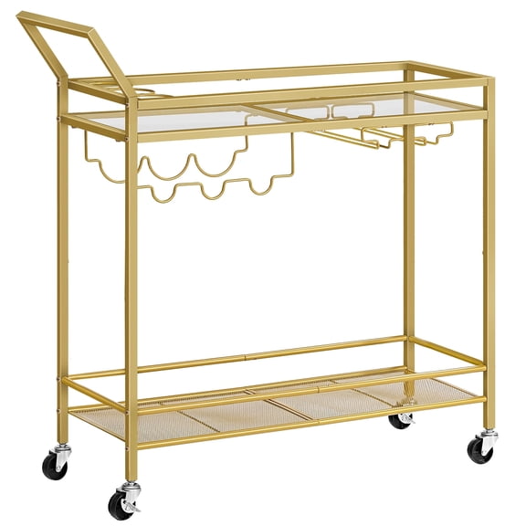 HOOBRO Bar Cart for The Home, 2-Tier Kitchen Cart with Wine Rack and Glass Holder, Serving Cart with Wheels and Guard Rails for Dining Room, Living Room, Party, Bar, Gold GD11TC01