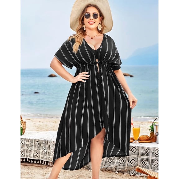 Zeagoo Women Plus Size Long Cover up Stripe Bikini Coverups Kimono Tie Front Bathing Suit Swimsuit Beachwear