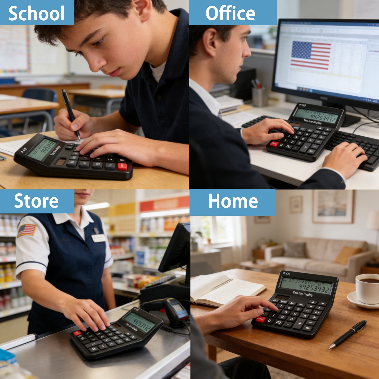 Calculators Desktop, Desk Calculator with Large 2 Line Display, Basic Calculator with Big Button, 4 Function Calculator for Business, Students, Office Supplies (Black)