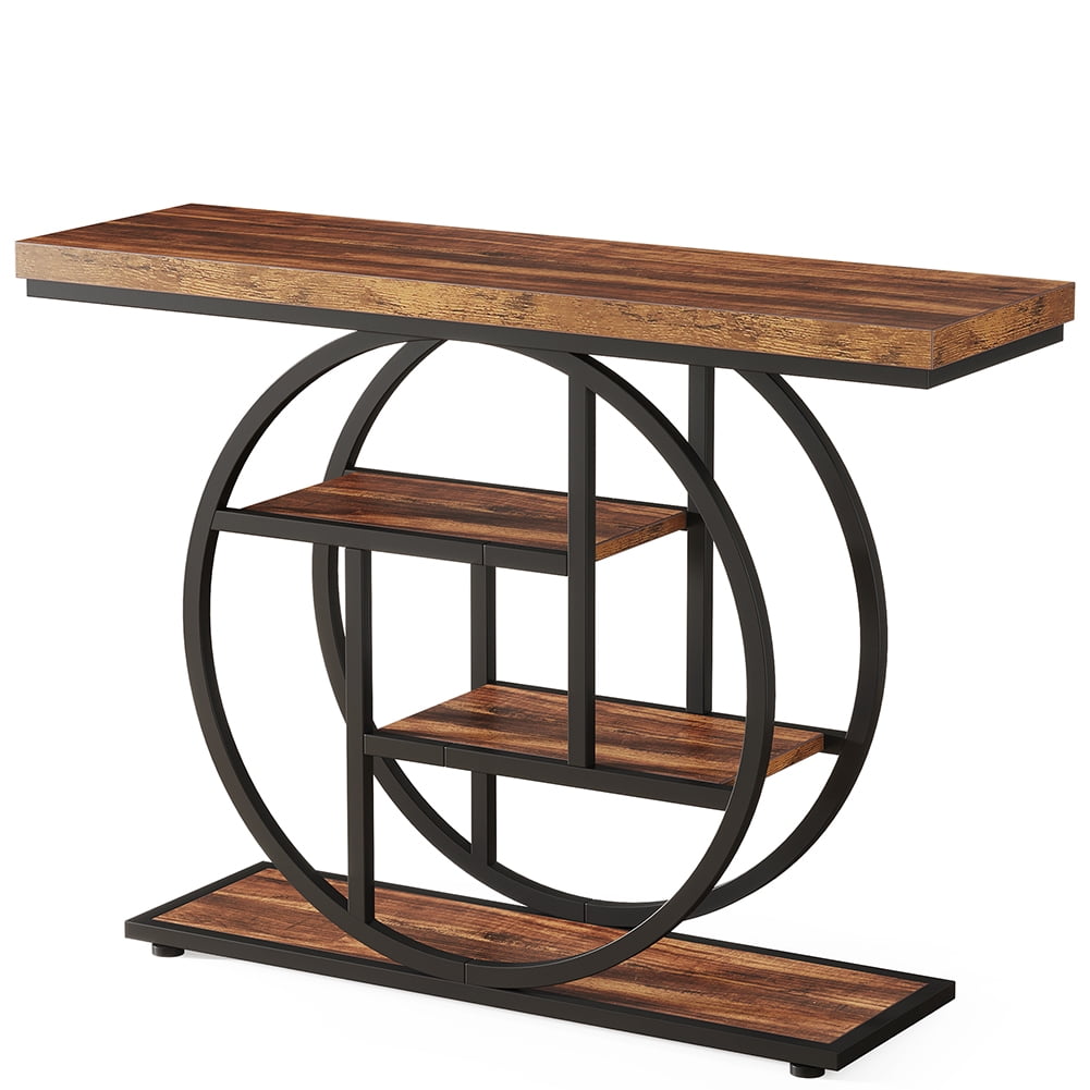 Spaco 41.3" Console Table with 1.57" Thick Tabletop, Industrial 4-Tier Sofa Entryway Table with Circle Base, Rustic Brown