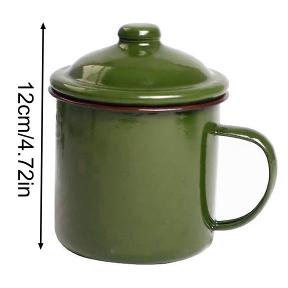 Vintage Military Green Enamel Drinking Mug With Lid 10cm Sturdy Classic Cup For Home Outdoor Daily Use