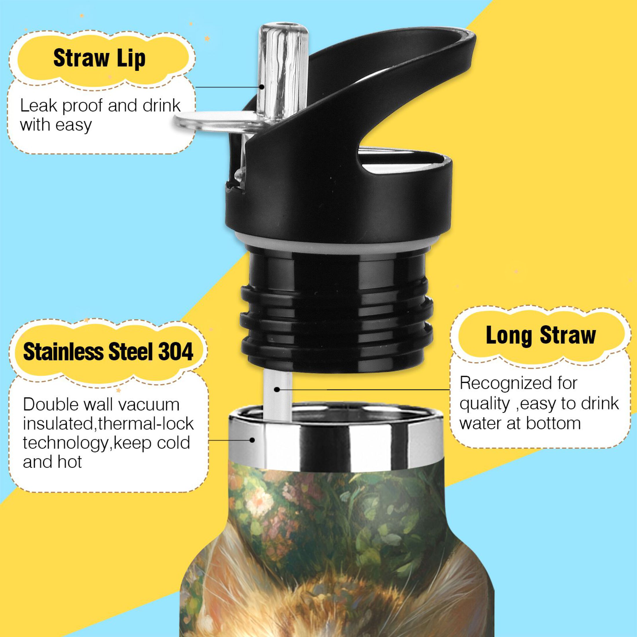 600ML Stainless Steel Insulated Cup Sports Water Bottle Portable Thermos Cup Water Glasses Insulated Tumblers Convenient and Durable Sleeping Cute Cat