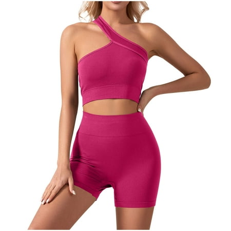 Womens 2 Piece Workout Sets - Seamless Ribbed Gym Athletic Yoga Outfits Sports Bra One Shoulder Crop Tops Biker Shorts on Clearance