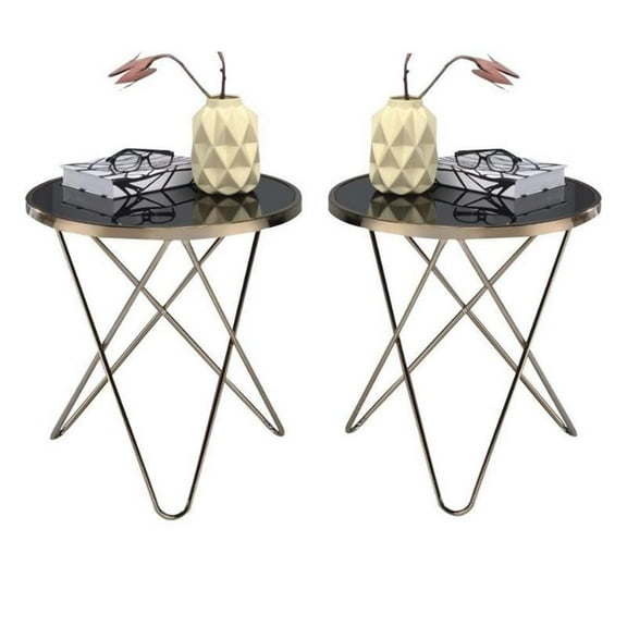 Home Square 2-Piece Furniture End Table Set in Black Glass and Champagne
