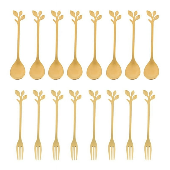 16PCS Dessert Spoon and Fork Set Cake Fork Coffee Spoon Fruit Fork Stainless Steel -Gold