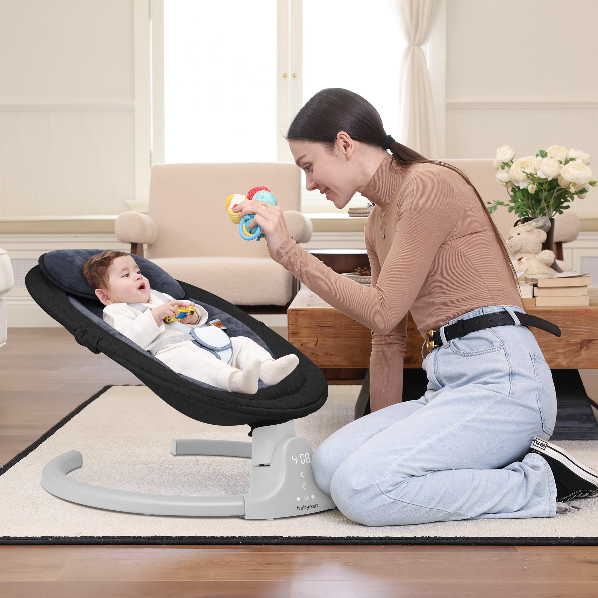 Babyeap Baby Swing for Infants - Motorized Swing with Music Speaker and Remote Control - 10 Lullabies - Black