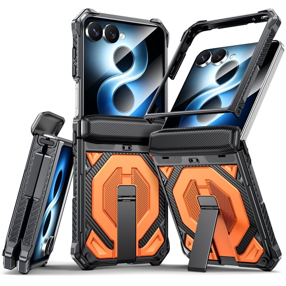 ELEHOLD Heavy Duty Rugged Magnetic Case For Samsung Galaxy Z Flip 7, Foldable Kickstand Shockproof Hinge Protection Cover Wireless Charging Compatible,Orange