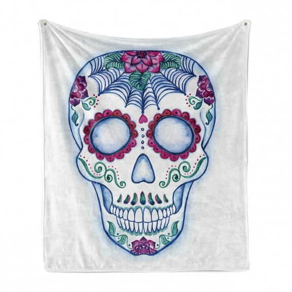Sugar Skull Soft Flannel Fleece Throw Blanket, Day of the Dead Colorful Skeleton Floral Ornament Hand Drawn Style Doodle, Cozy Plush for Indoor and Outdoor Use, 50" x 70", Multicolor, by Ambesonne