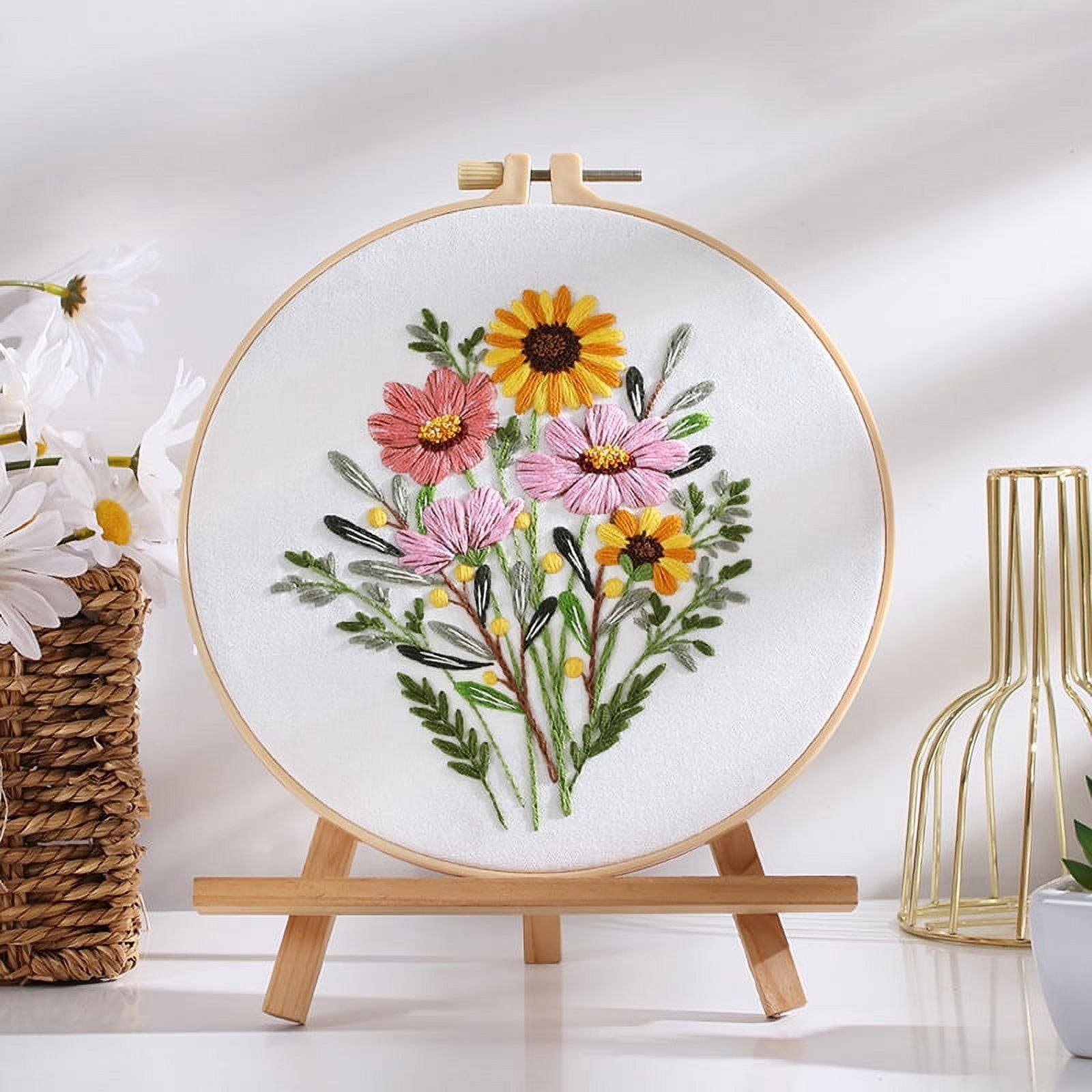 GIRACOA 4 Pack Embroidery Kits for Beginners Adults, Floral Bouquet Stamped Patterns, All-in-One Starter Set with 2 Hoops (7.87 Inch), Scissors, Threader, Seam Ripper & Instructions, DIY Craft Gift