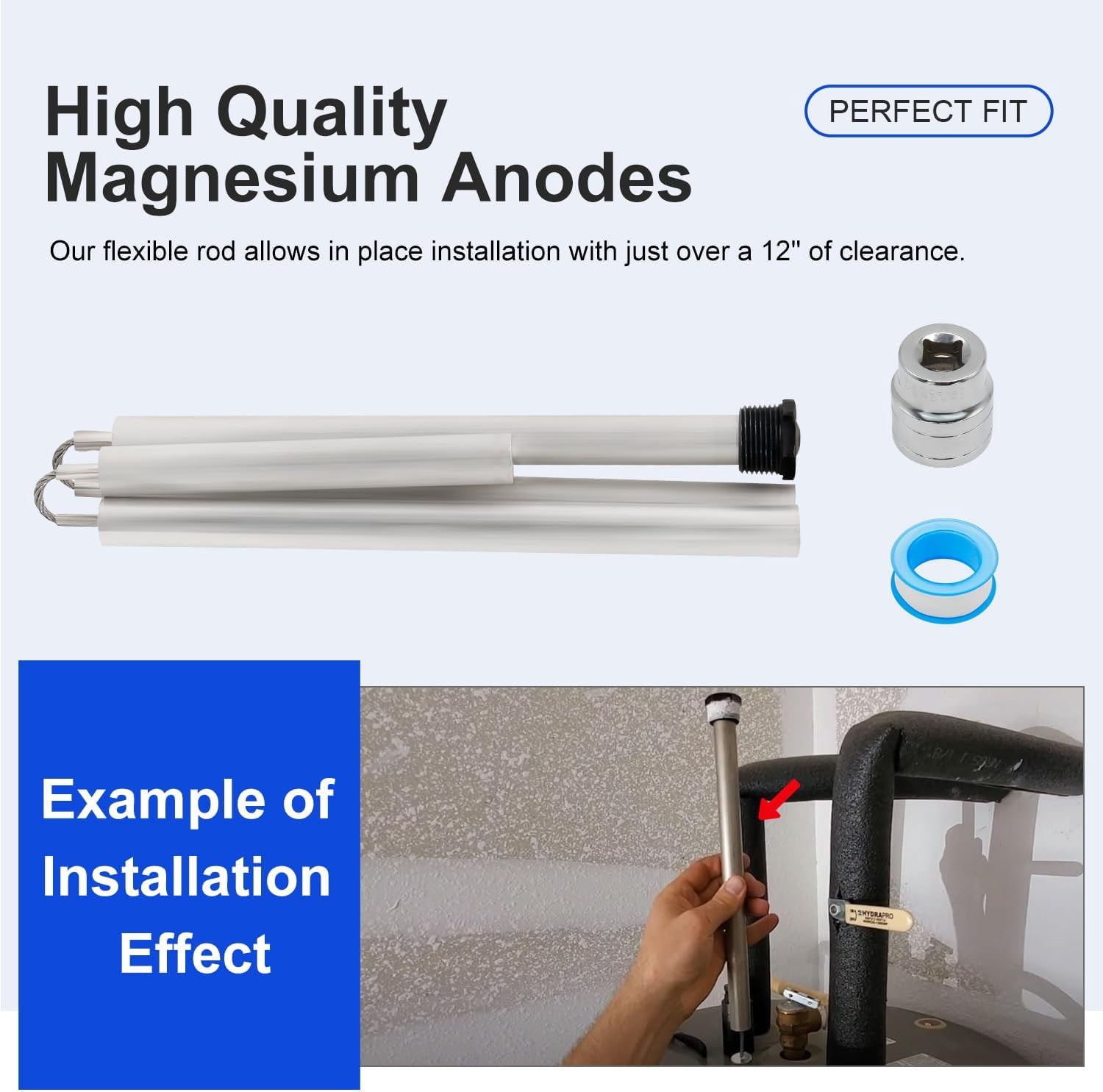 44 Inch Flexible Magnesium Water Heater Anode Rod, 3/4" NPT Thread Replacement for Most Standard Tanks, Includes 1-1/16" Hex Socket Tool & Teflon Tape