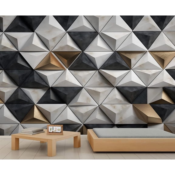 3D Black White Geometric Murals, Blue White Gold Marble Wall Mural For Living Room Bedroom, Triangle Art Murals, Solid Geometry Wall Poster 110"W x 79"H (Not Peel and Stick)