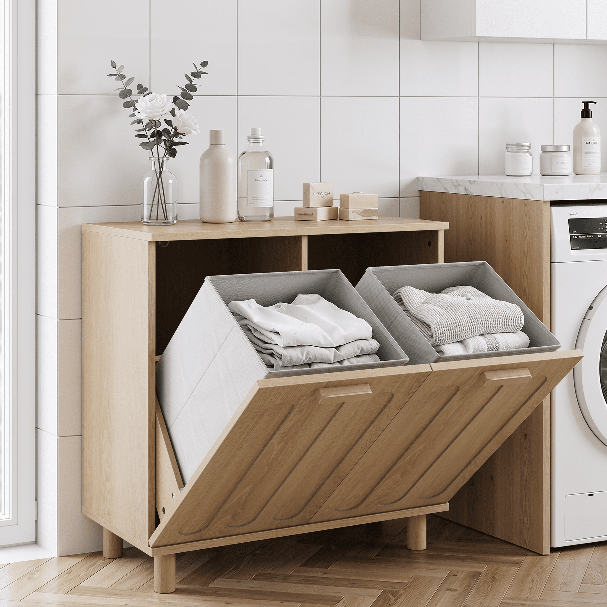 Tilt-out laundry cabinet with removable basket, concealed laundry storage, bathroom laundry storage unit, freestanding home storage rack, oak finish